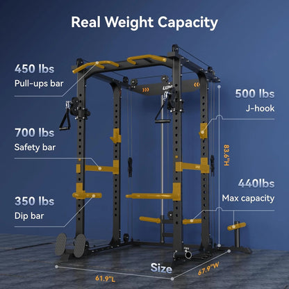 Power Cage, 1600Lbs Multi-Function Power Rack with Adjustable Cable Crossover, Power Cage for Home Gym, Black